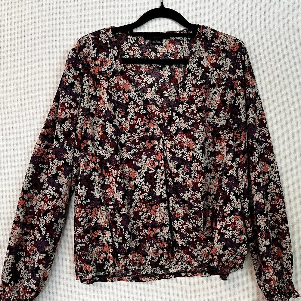 Sanctuary Rich purple tones ditsy Floral Faux Wrap Career Blouse Woven Sz Medium